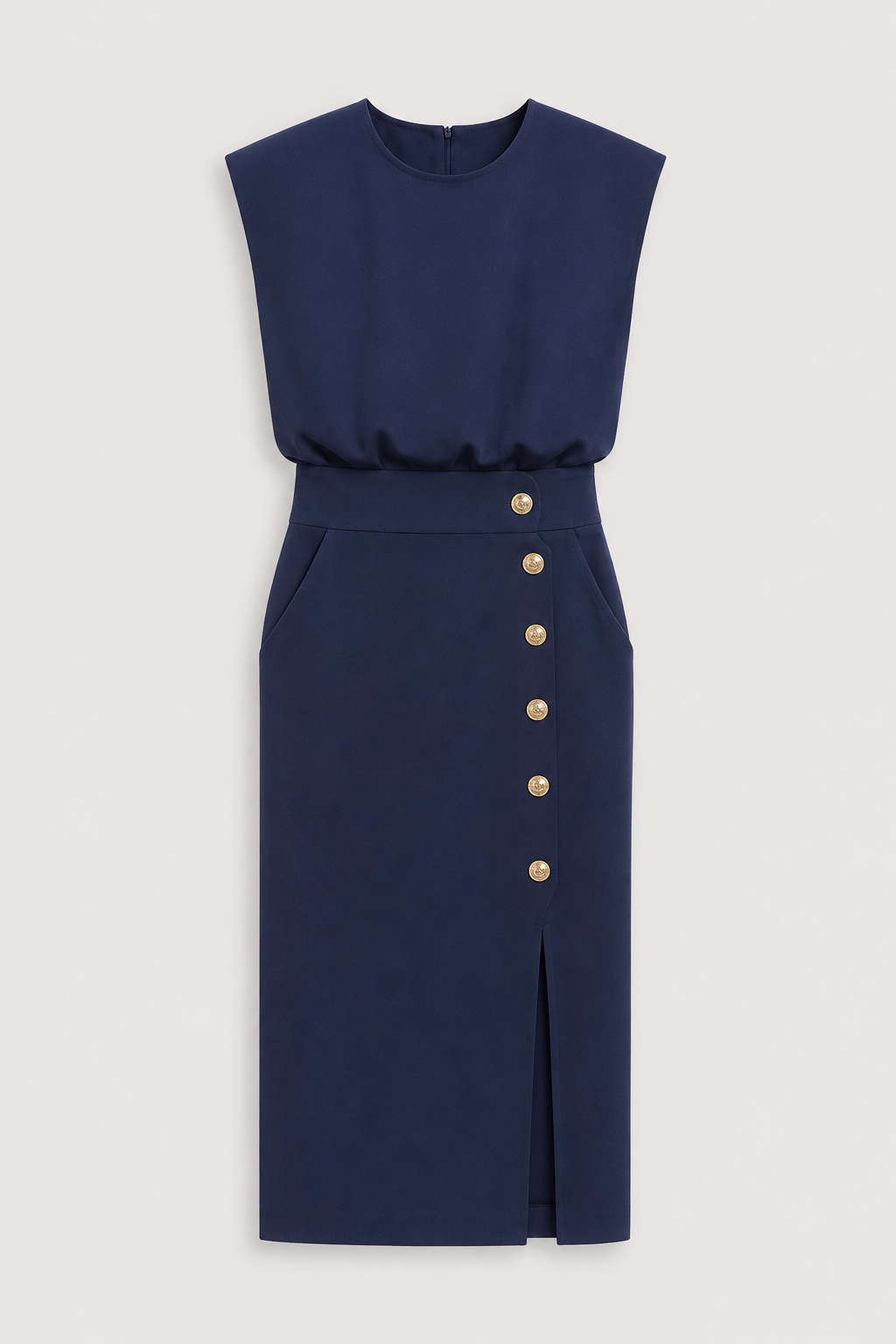 Sleeveless Button-Detail Midi Dress in Dark Blue, flat lay