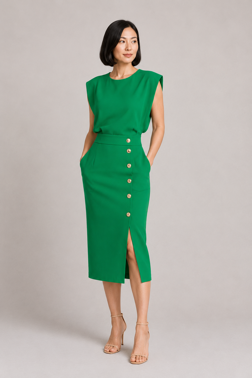 Sleeveless Button-Detail Midi Dress in Green, front three-quarter view