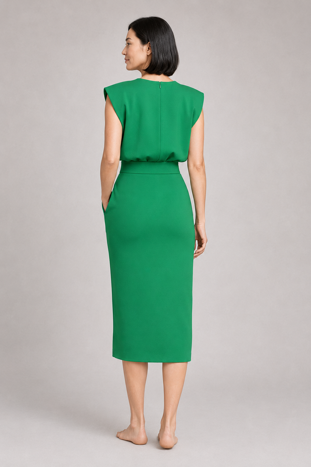 Sleeveless Button-Detail Midi Dress in Green, back view