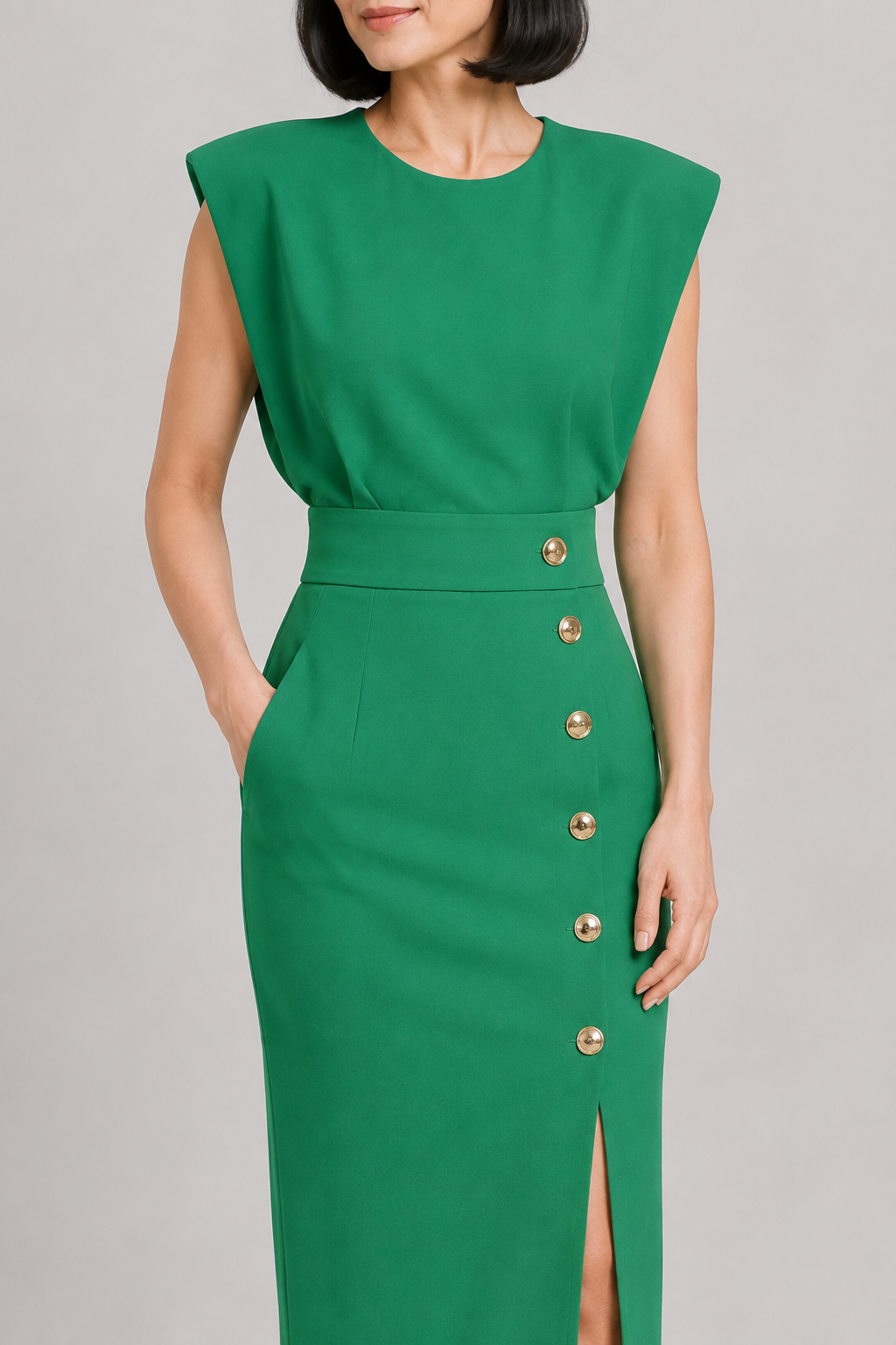 Sleeveless Button-Detail Midi Dress in Green, waistband construction detail