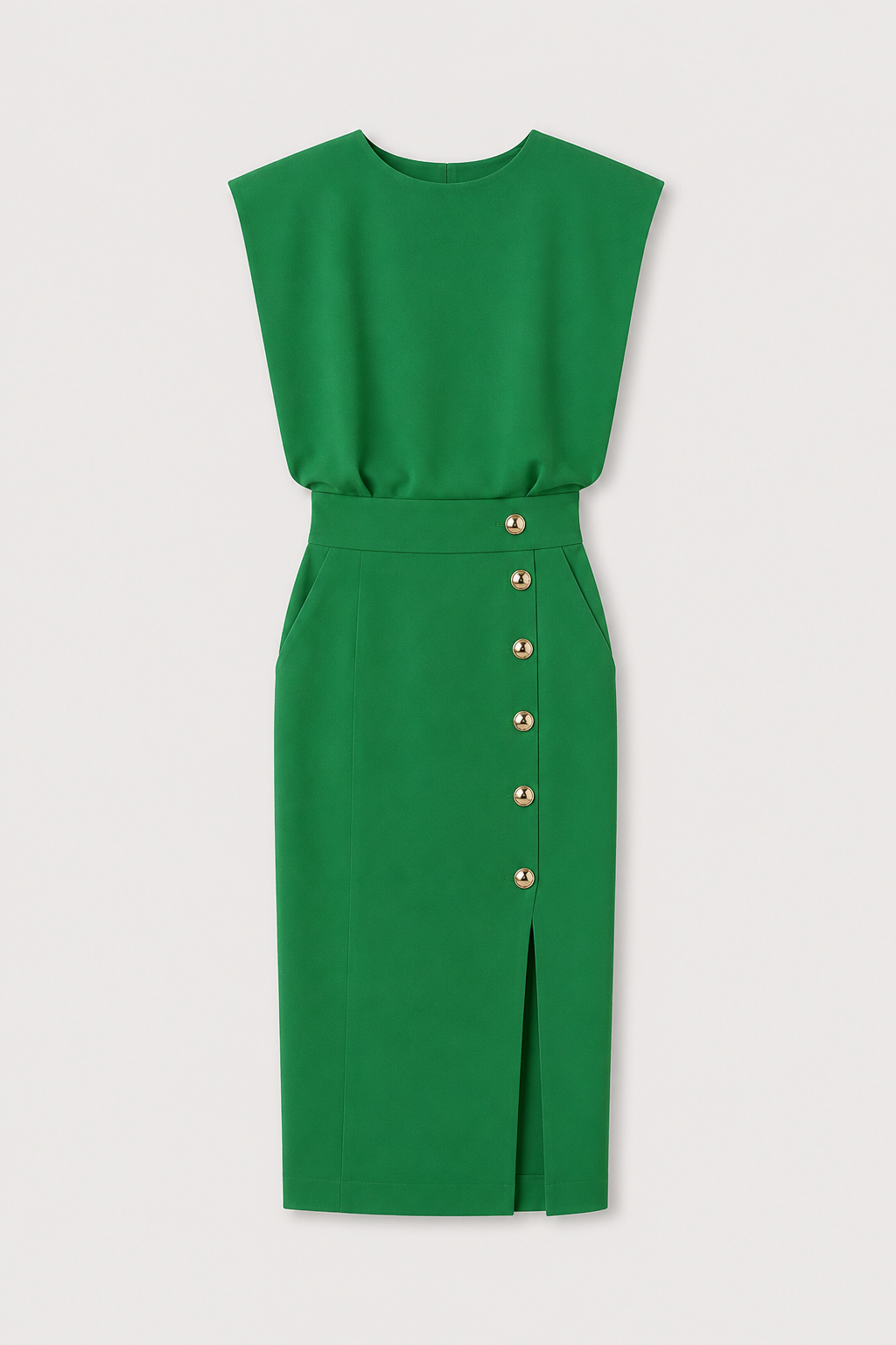 Sleeveless Button-Detail Midi Dress in Green, flat lay