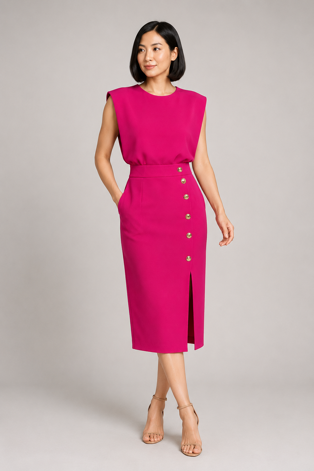 Sleeveless Button-Detail Midi Dress in Magenta Red, front three-quarter view