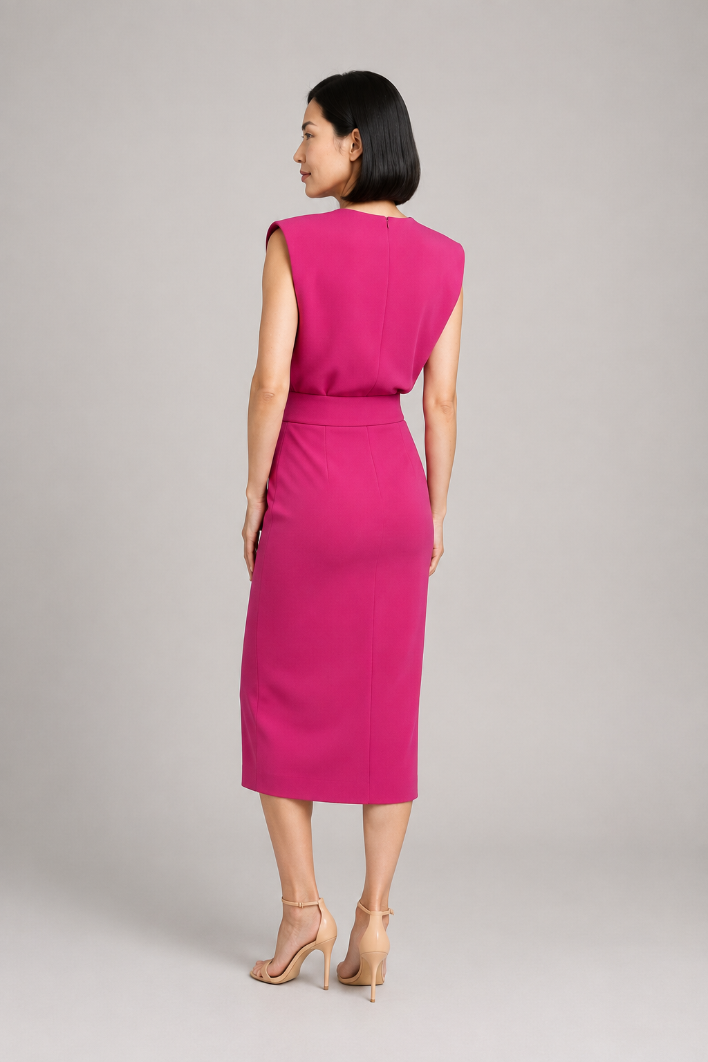 Sleeveless Button-Detail Midi Dress in Magenta Red, back view
