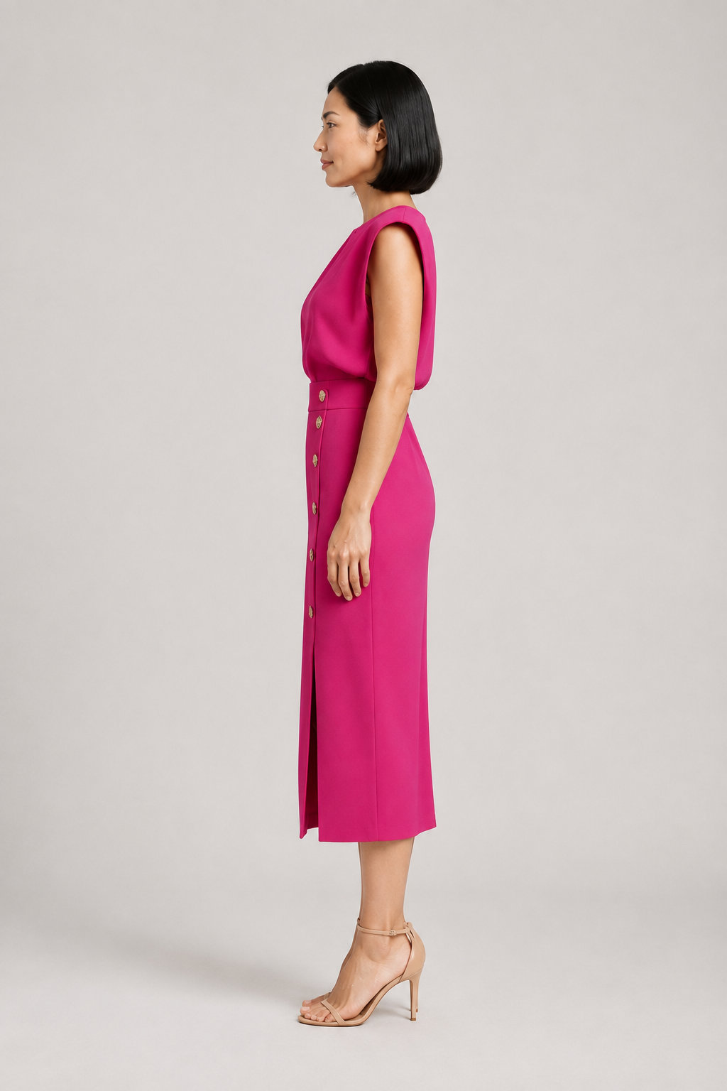 Sleeveless Button-Detail Midi Dress in Magenta Red, side view