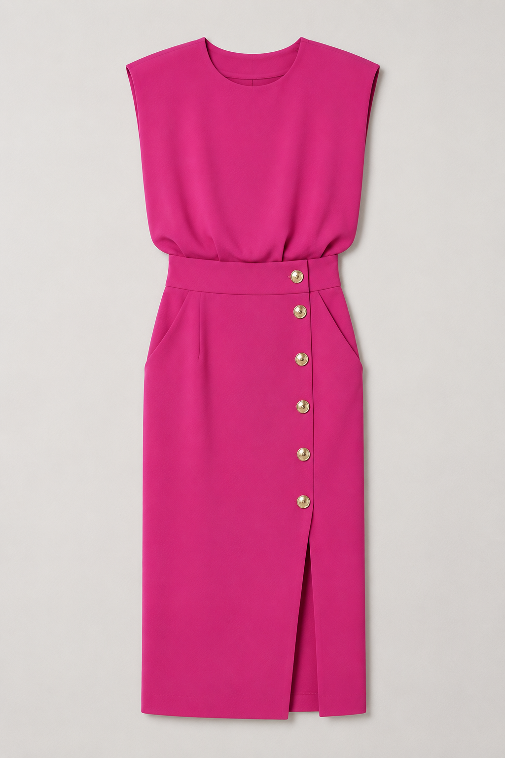 Sleeveless Button-Detail Midi Dress in Magenta Red, flat lay