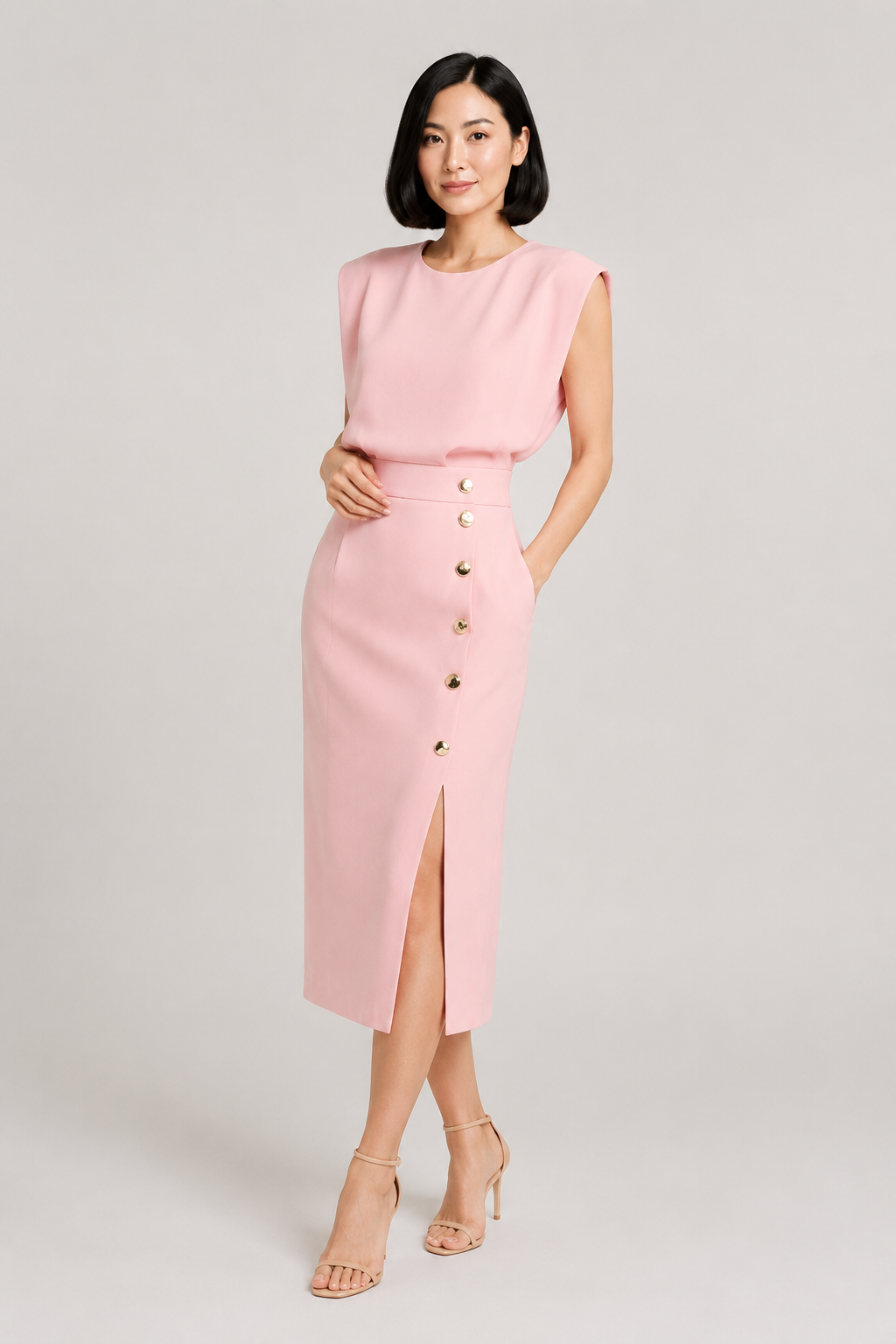 Sleeveless Button-Detail Midi Dress in Pink, front three-quarter view