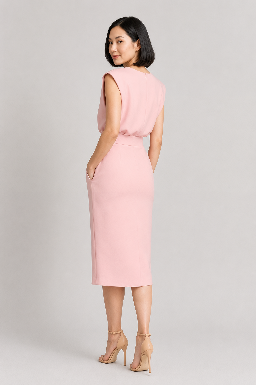 Sleeveless Button-Detail Midi Dress in Pink, back view