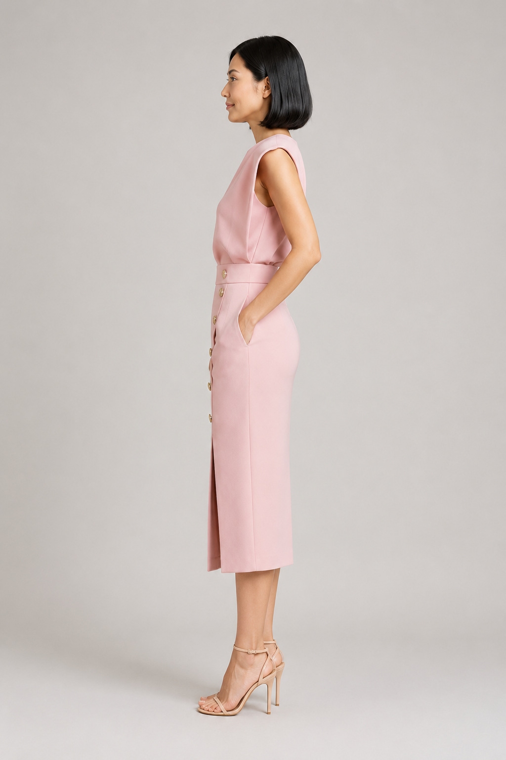 Sleeveless Button-Detail Midi Dress in Pink, side view