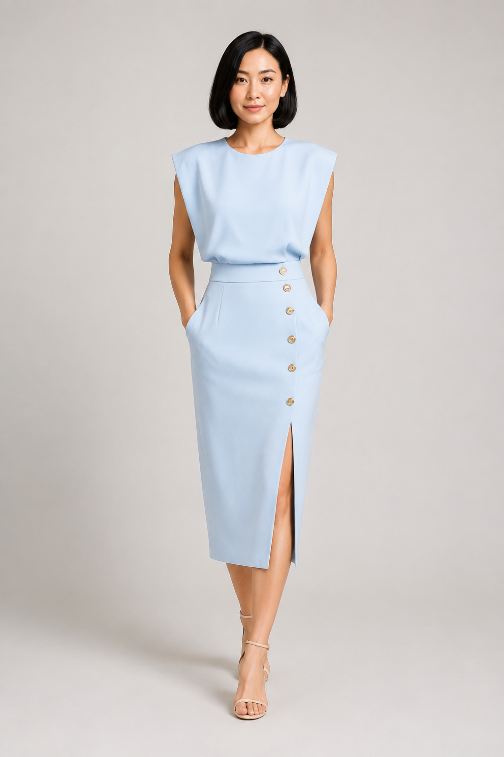 Sleeveless Button-Detail Midi Dress in Sky Blue, front three-quarter view