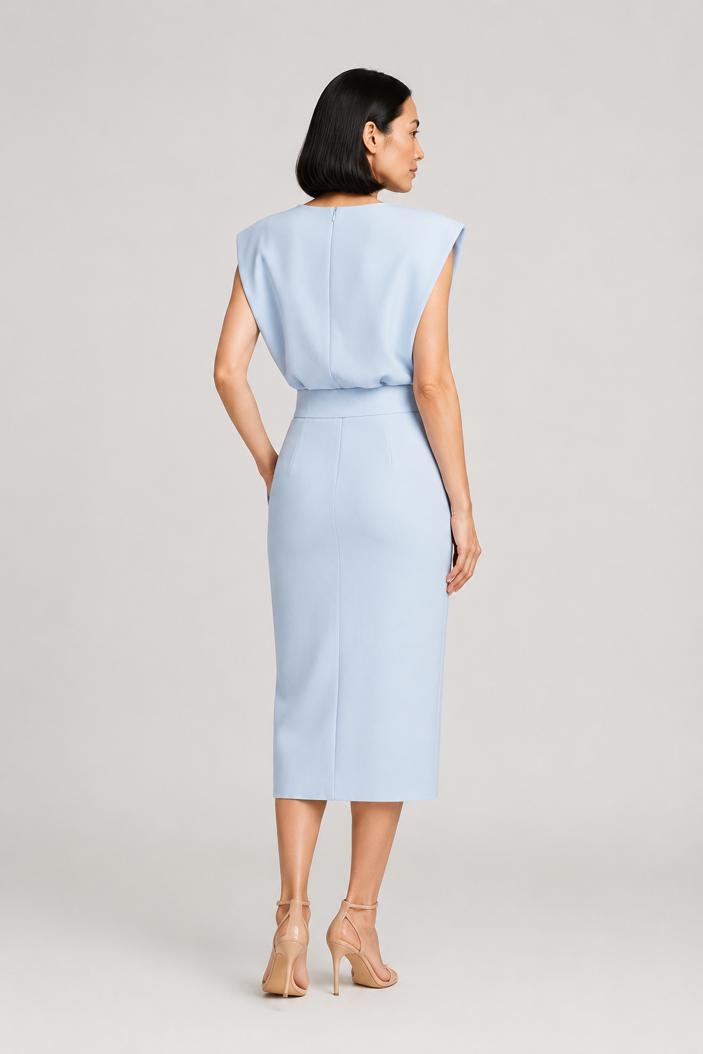 Sleeveless Button-Detail Midi Dress in Sky Blue, back view