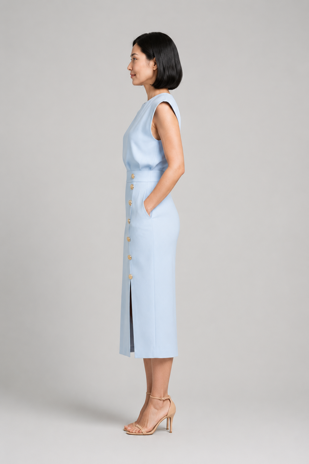 Sleeveless Button-Detail Midi Dress in Sky Blue, side view