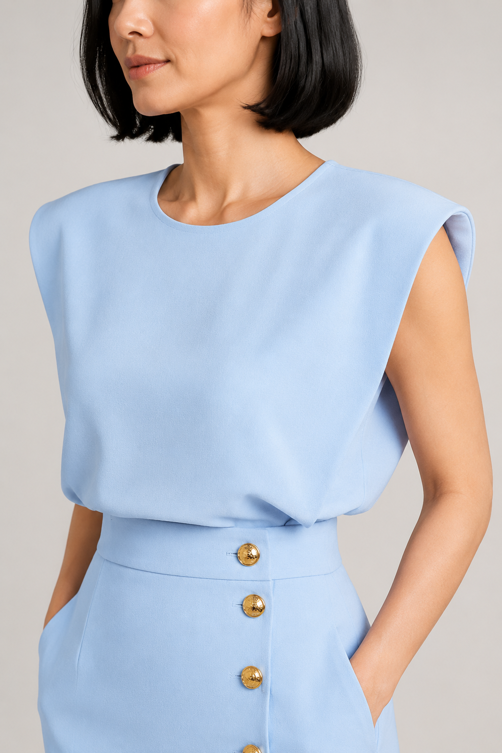Sleeveless Button-Detail Midi Dress in Sky Blue, fabric detail