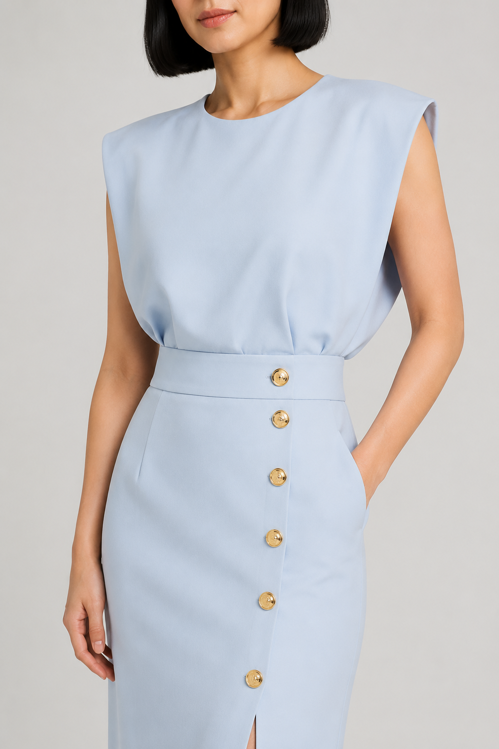 Sleeveless Button-Detail Midi Dress in Sky Blue, waistband construction detail