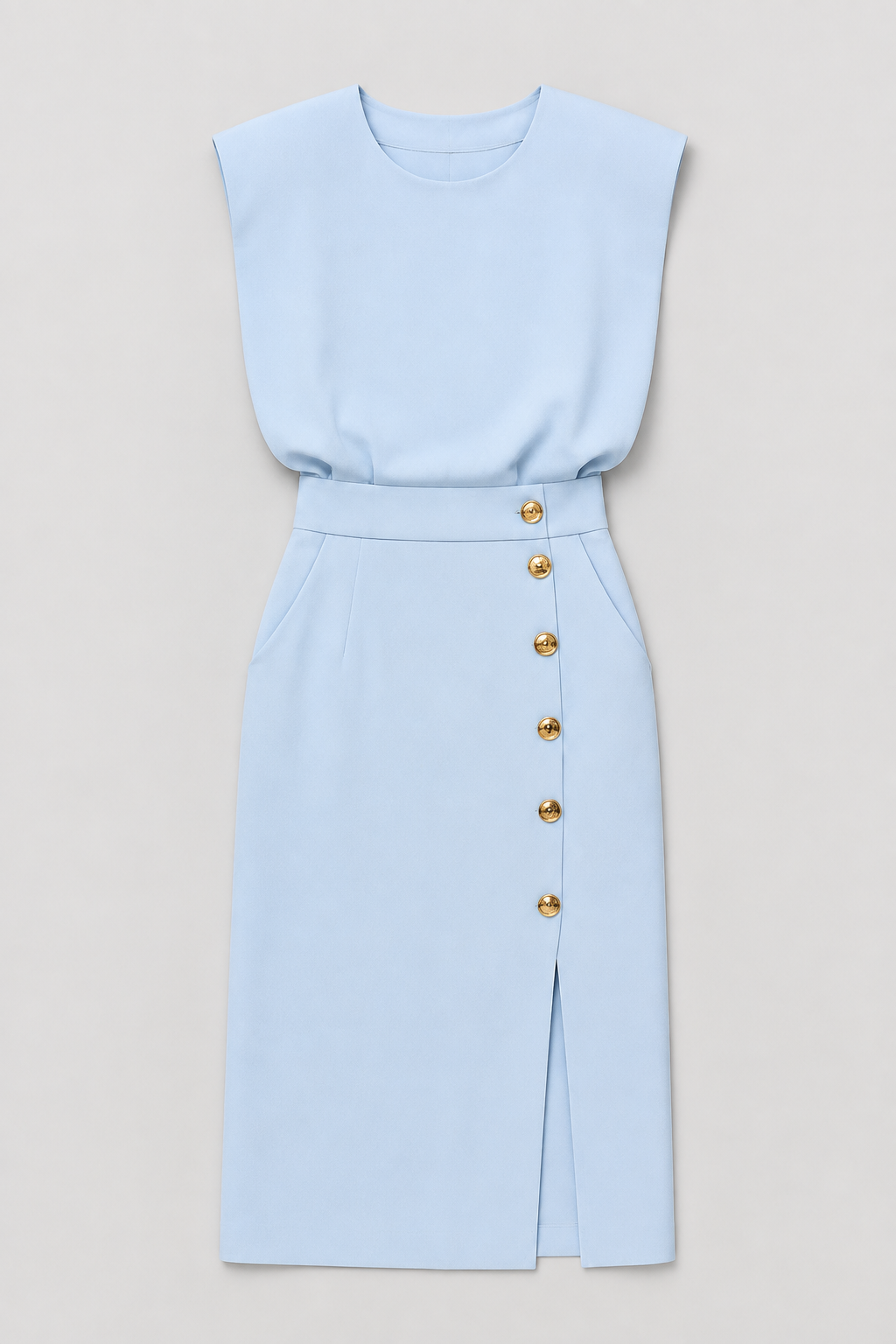 Sleeveless Button-Detail Midi Dress in Sky Blue, flat lay