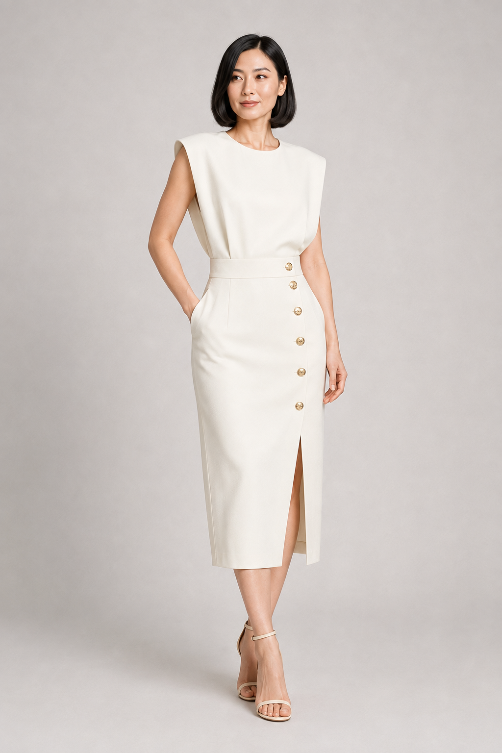 Sleeveless Button-Detail Midi Dress in White, front three-quarter view