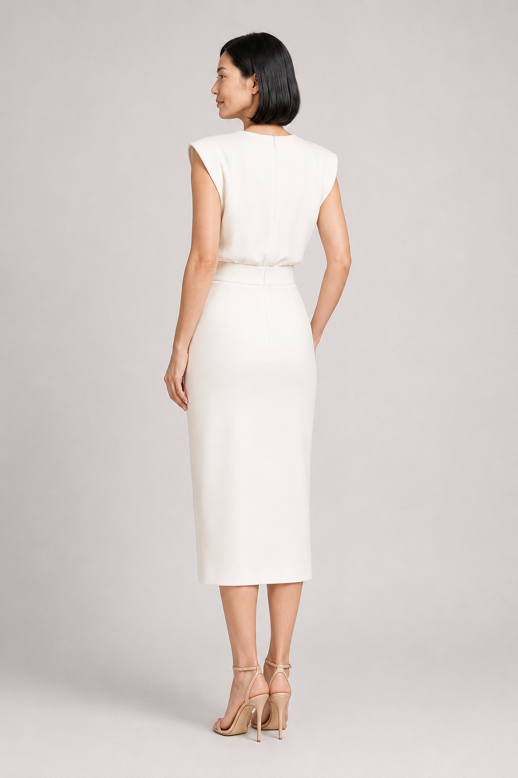 Sleeveless Button-Detail Midi Dress in White, back view