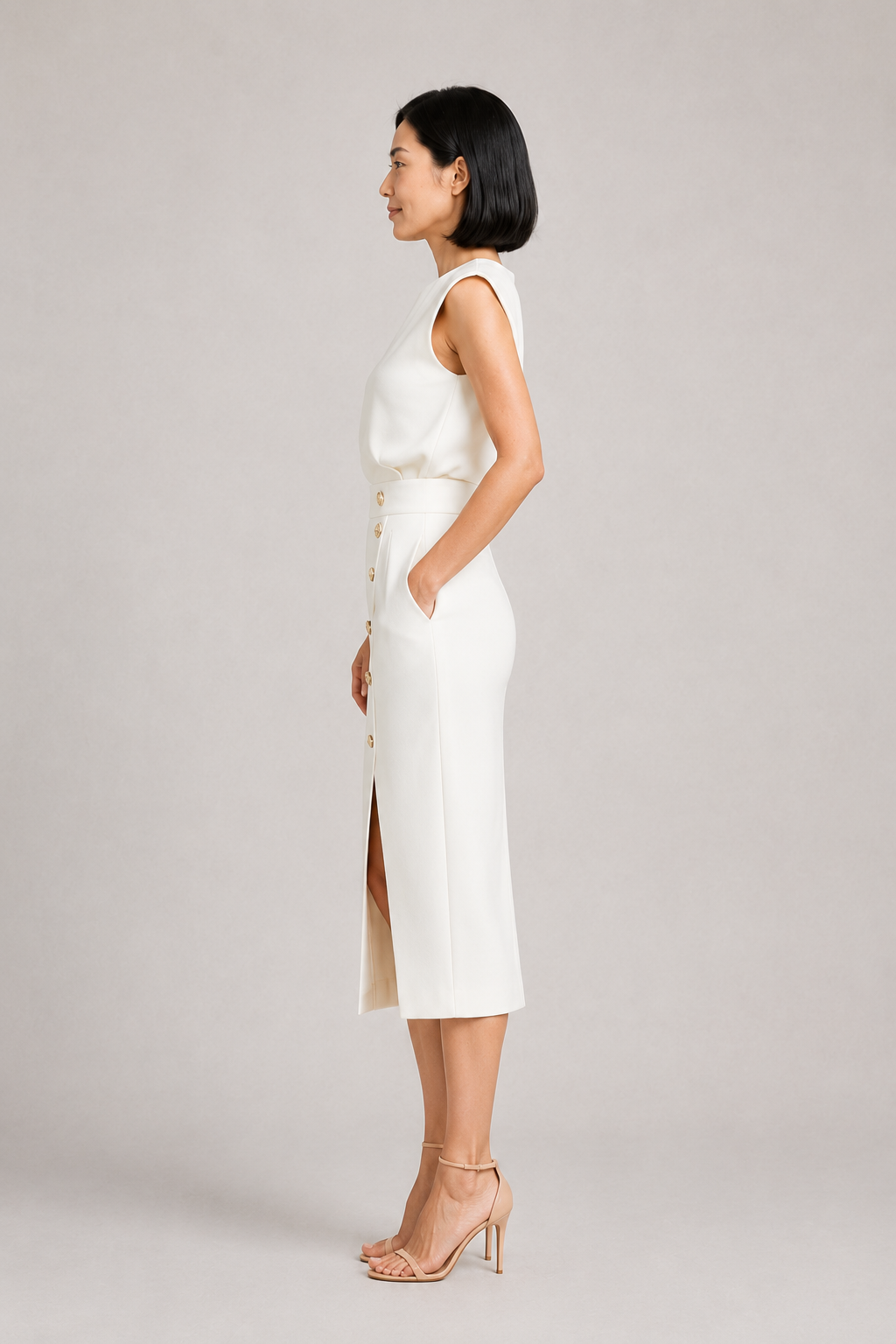 Sleeveless Button-Detail Midi Dress in White, side view