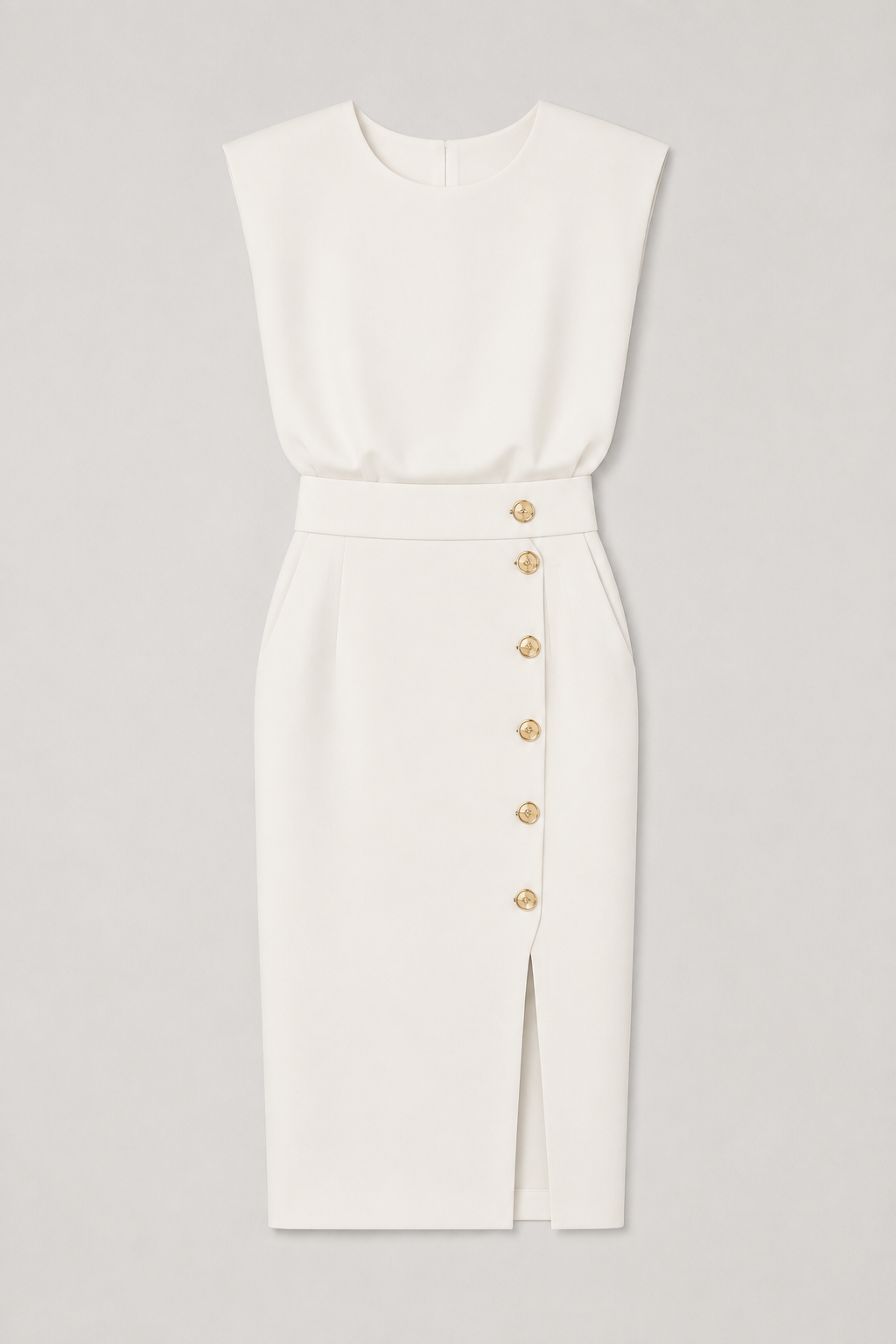 Sleeveless Button-Detail Midi Dress in White, flat lay
