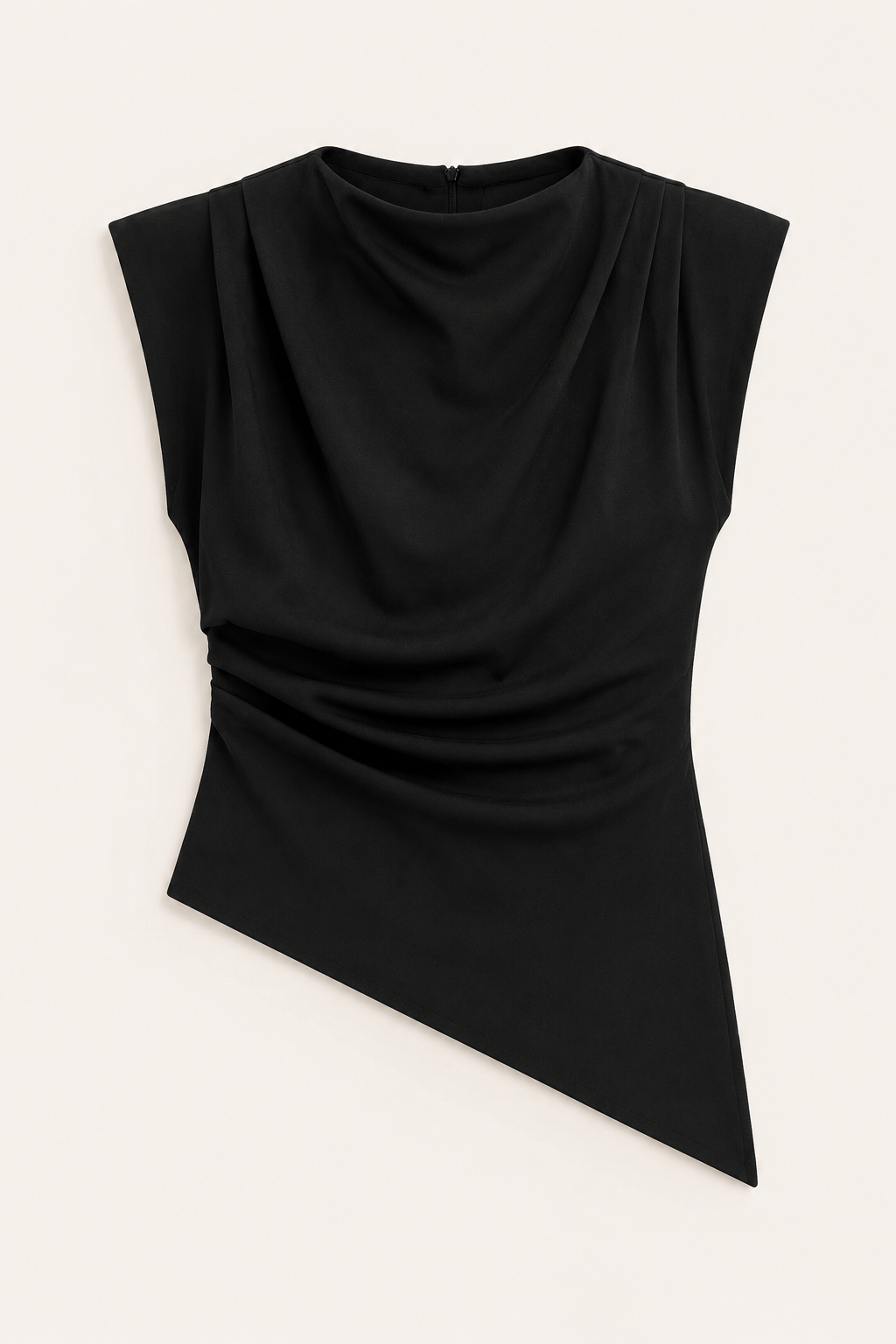 Black sleeveless draped asymmetric top, product flat lay
