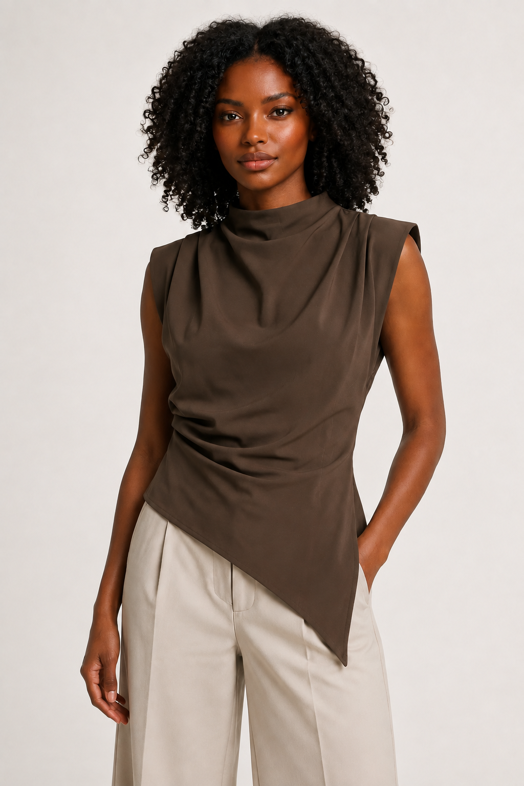 Brown sleeveless draped asymmetric top, front three-quarter view