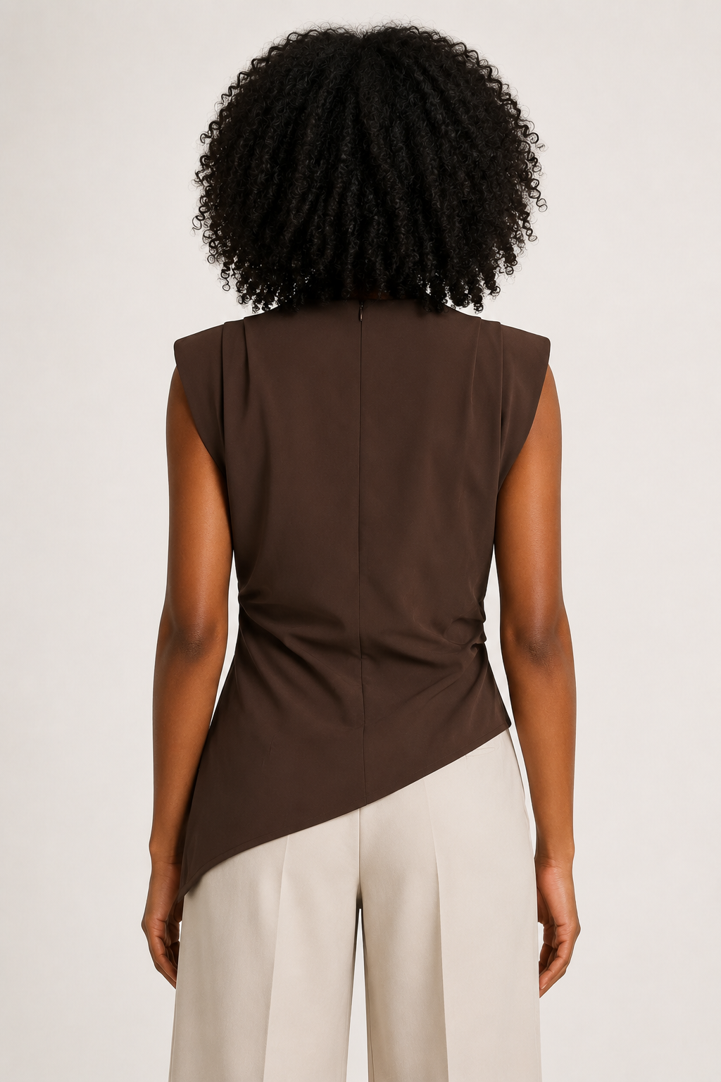Brown sleeveless draped asymmetric top, back view