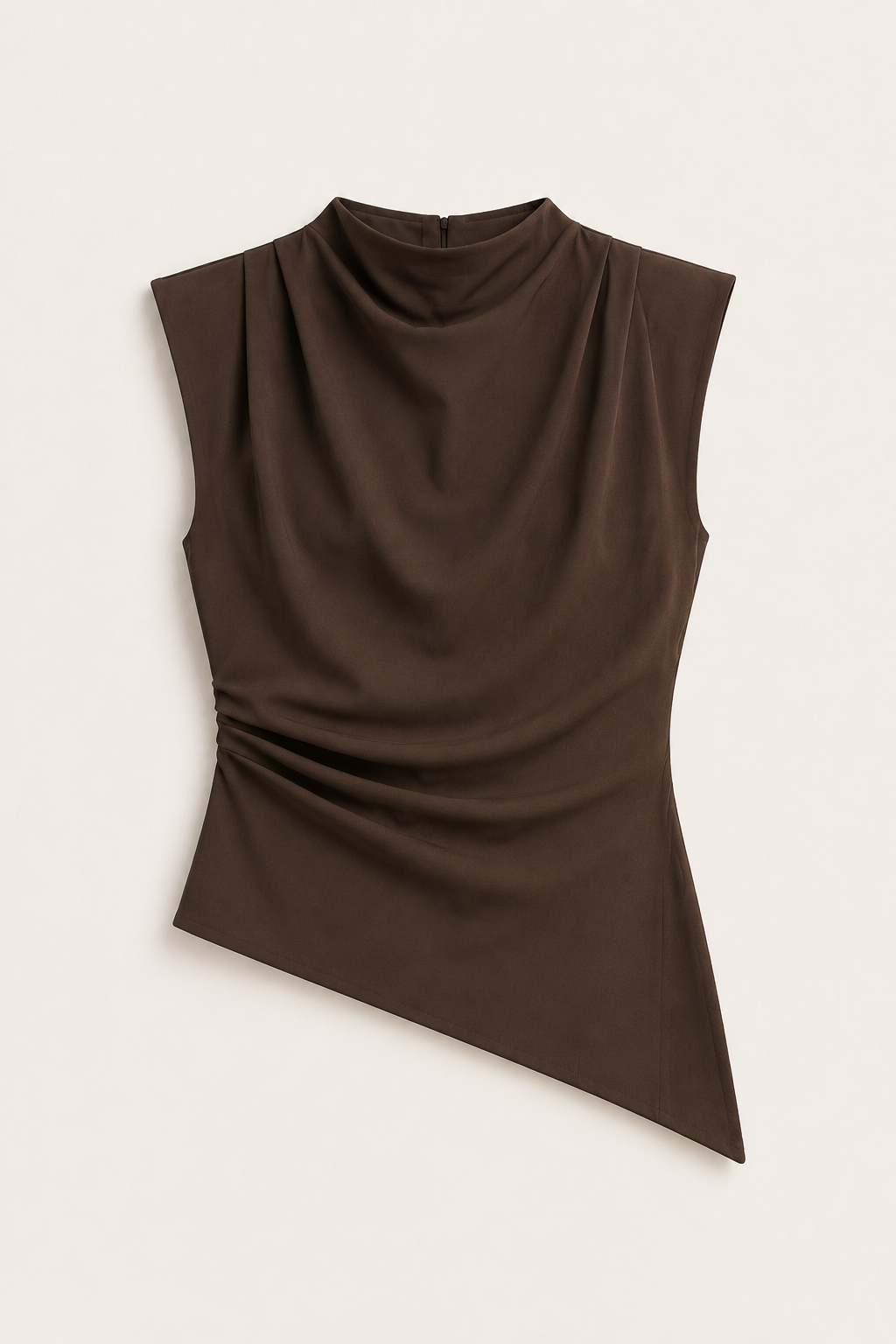 Brown sleeveless draped asymmetric top, product flat lay