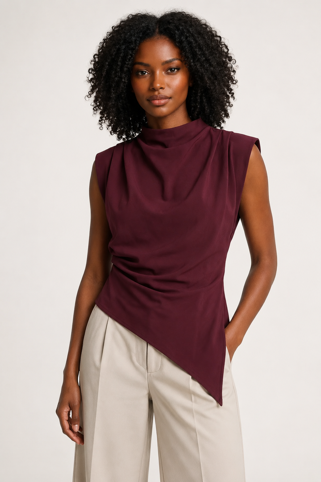 Burgundy sleeveless draped asymmetric top, front three-quarter view