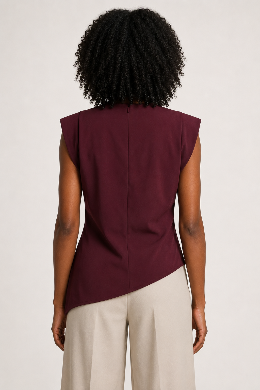 Burgundy sleeveless draped asymmetric top, back view