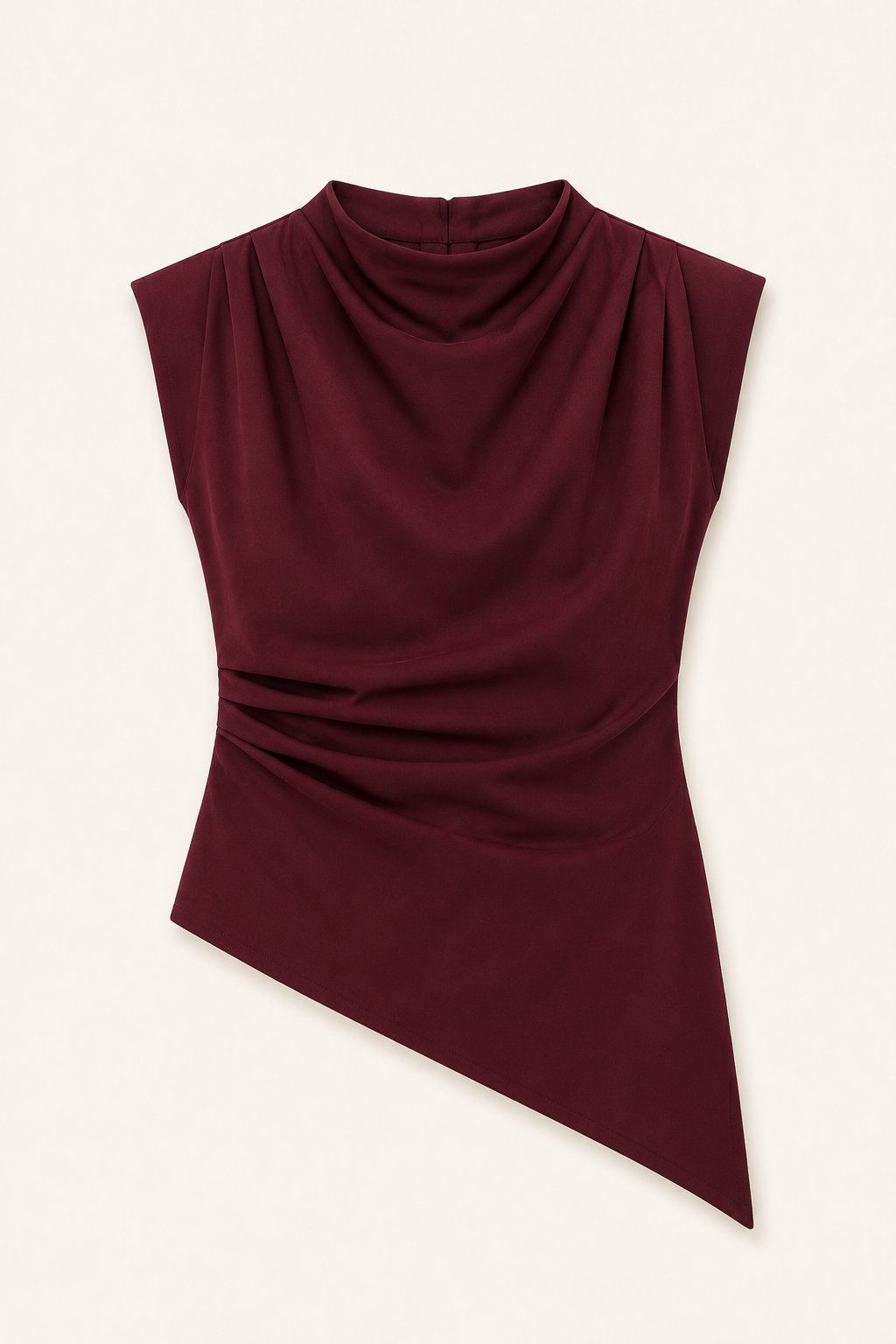 Burgundy sleeveless draped asymmetric top, product flat lay