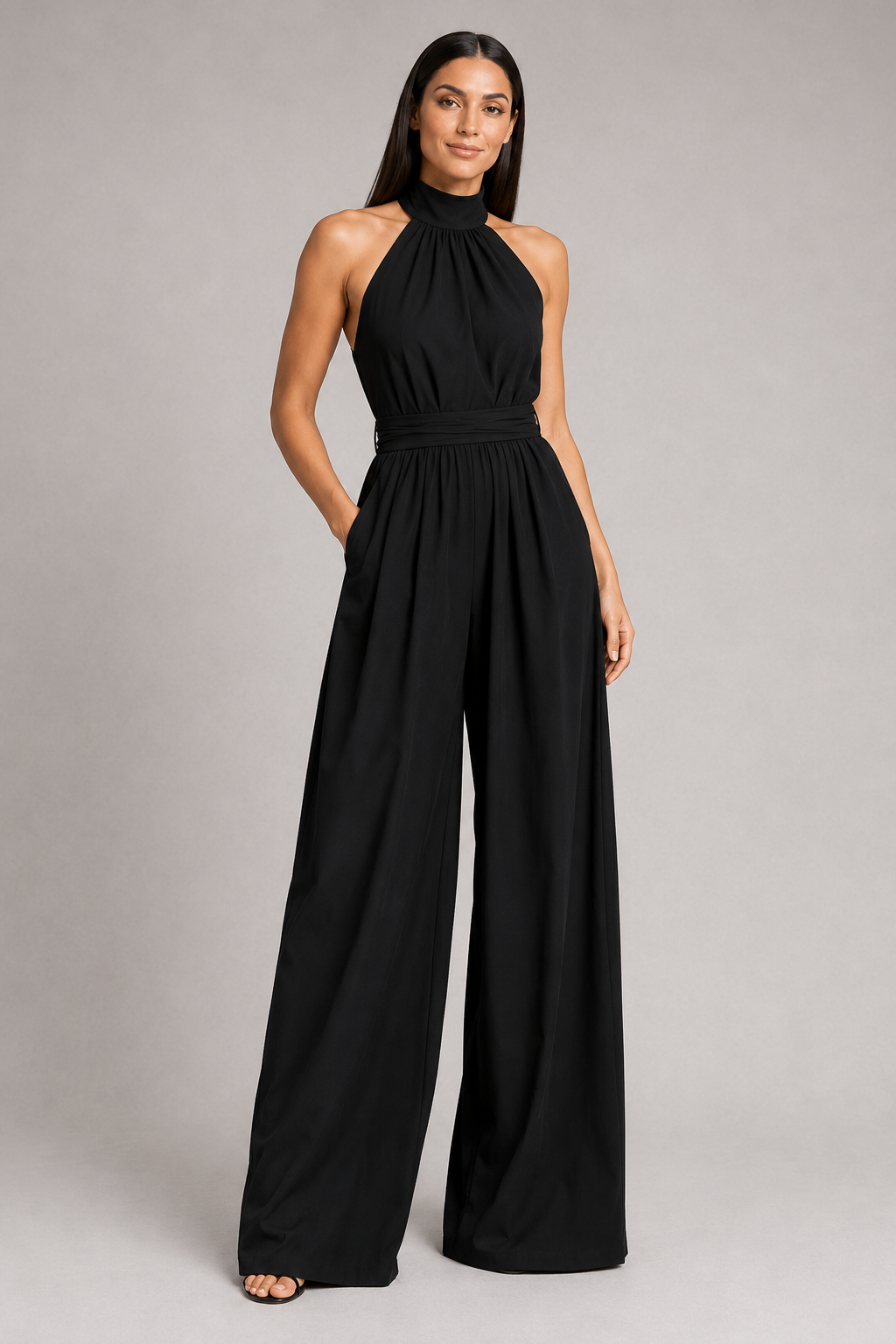 Black sleeveless halter-neck wide-leg jumpsuit, front three-quarter view