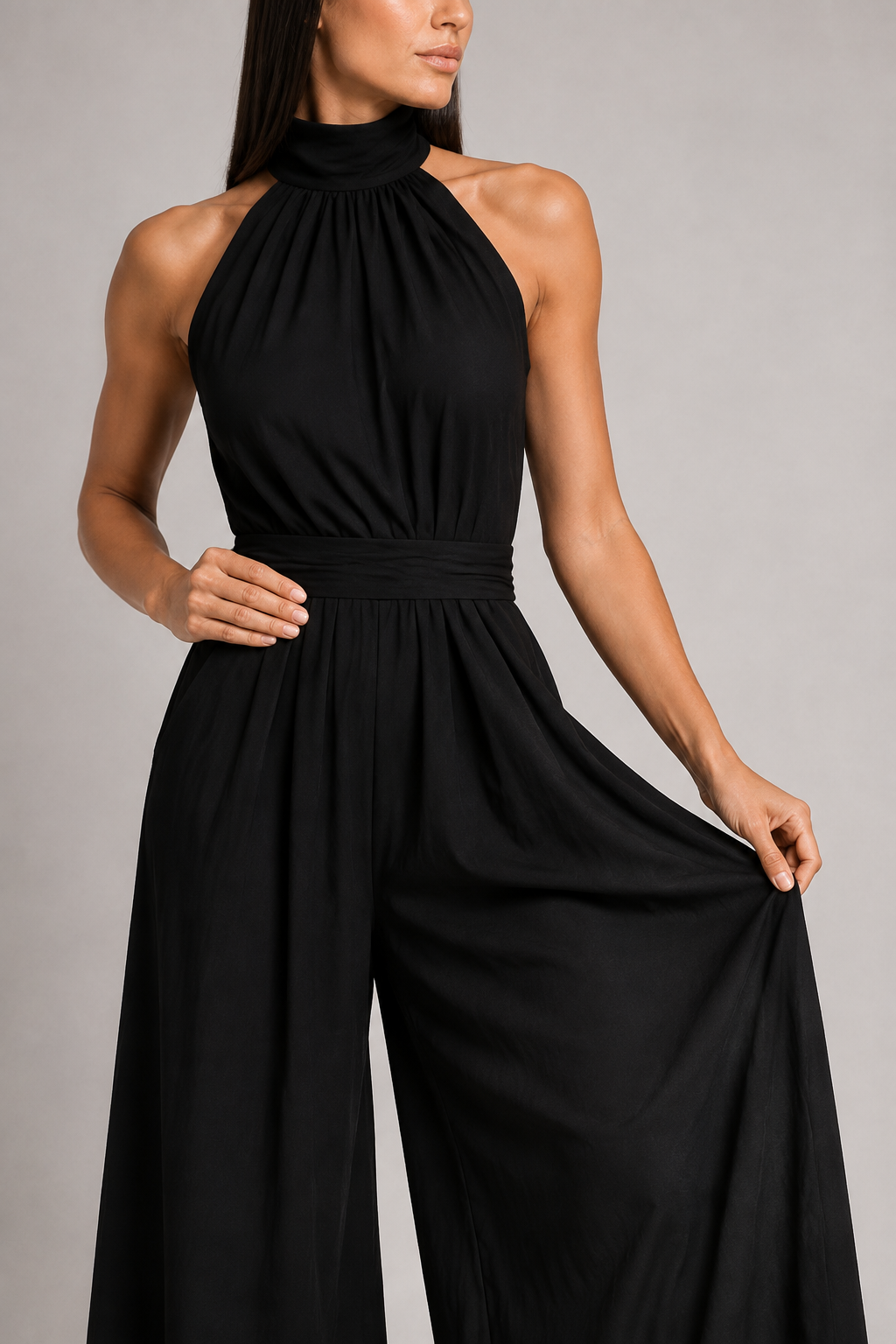 Black sleeveless halter-neck wide-leg jumpsuit, fabric detail
