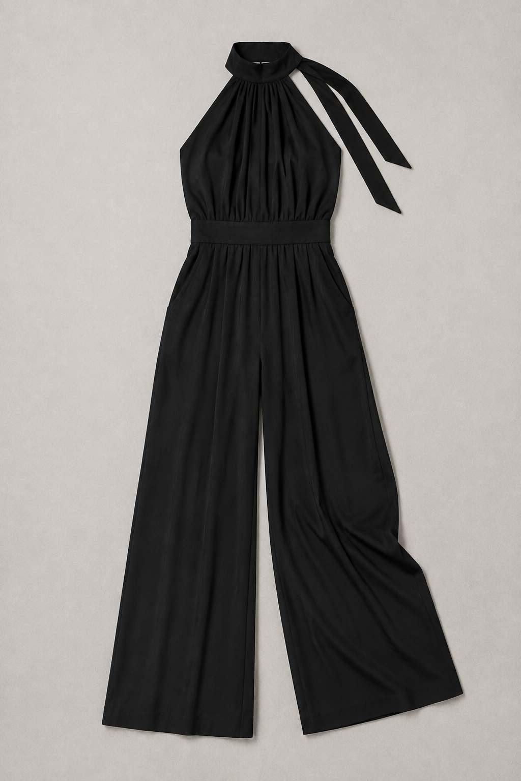 Black sleeveless halter-neck wide-leg jumpsuit, flat lay
