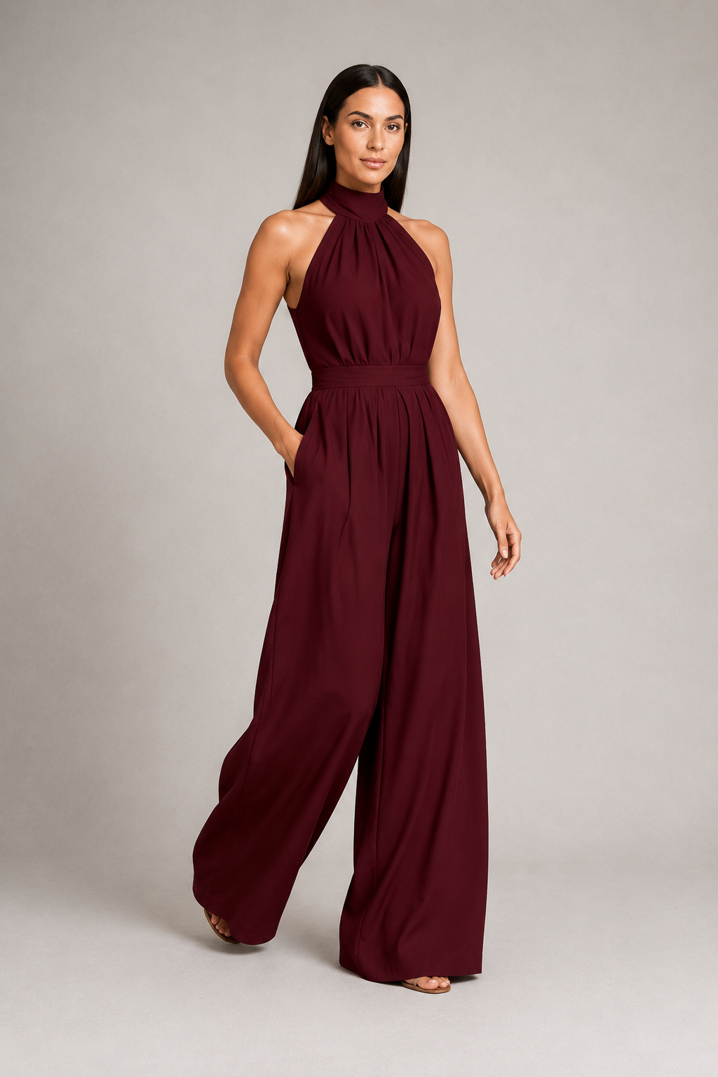 Burgundy sleeveless halter-neck wide-leg jumpsuit, front three-quarter view