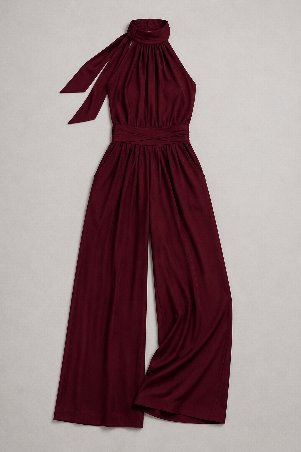 Burgundy sleeveless halter-neck wide-leg jumpsuit, flat lay