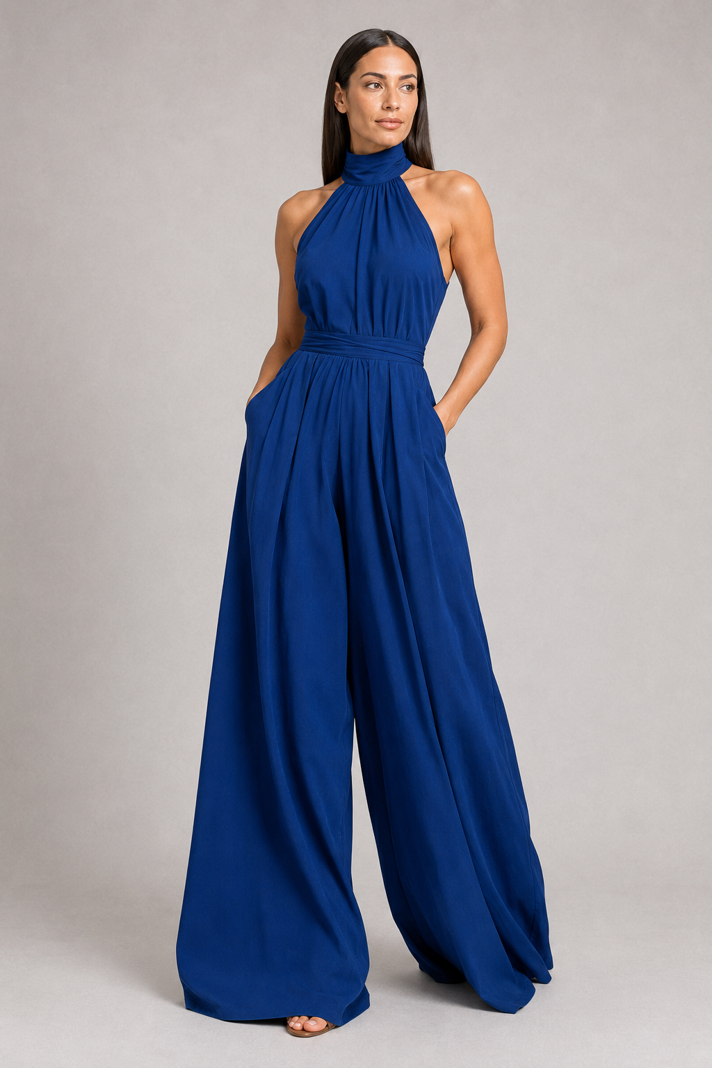 Dark Blue sleeveless halter-neck wide-leg jumpsuit, front three-quarter view