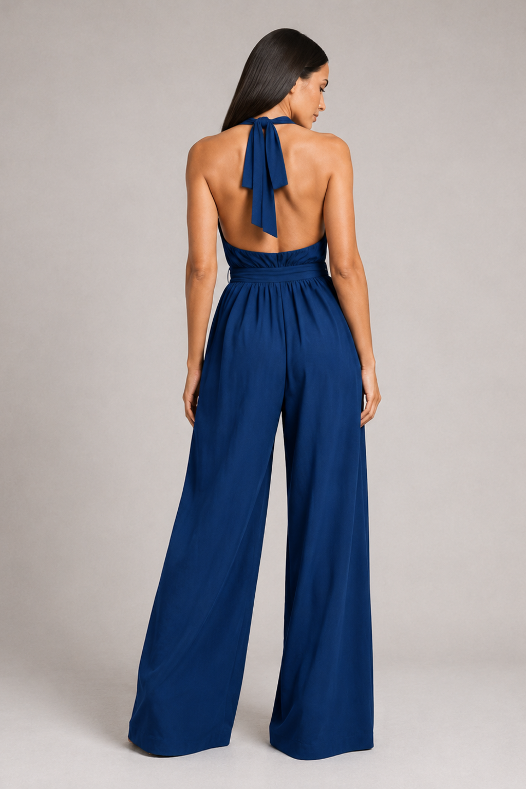 Dark Blue sleeveless halter-neck wide-leg jumpsuit, back view