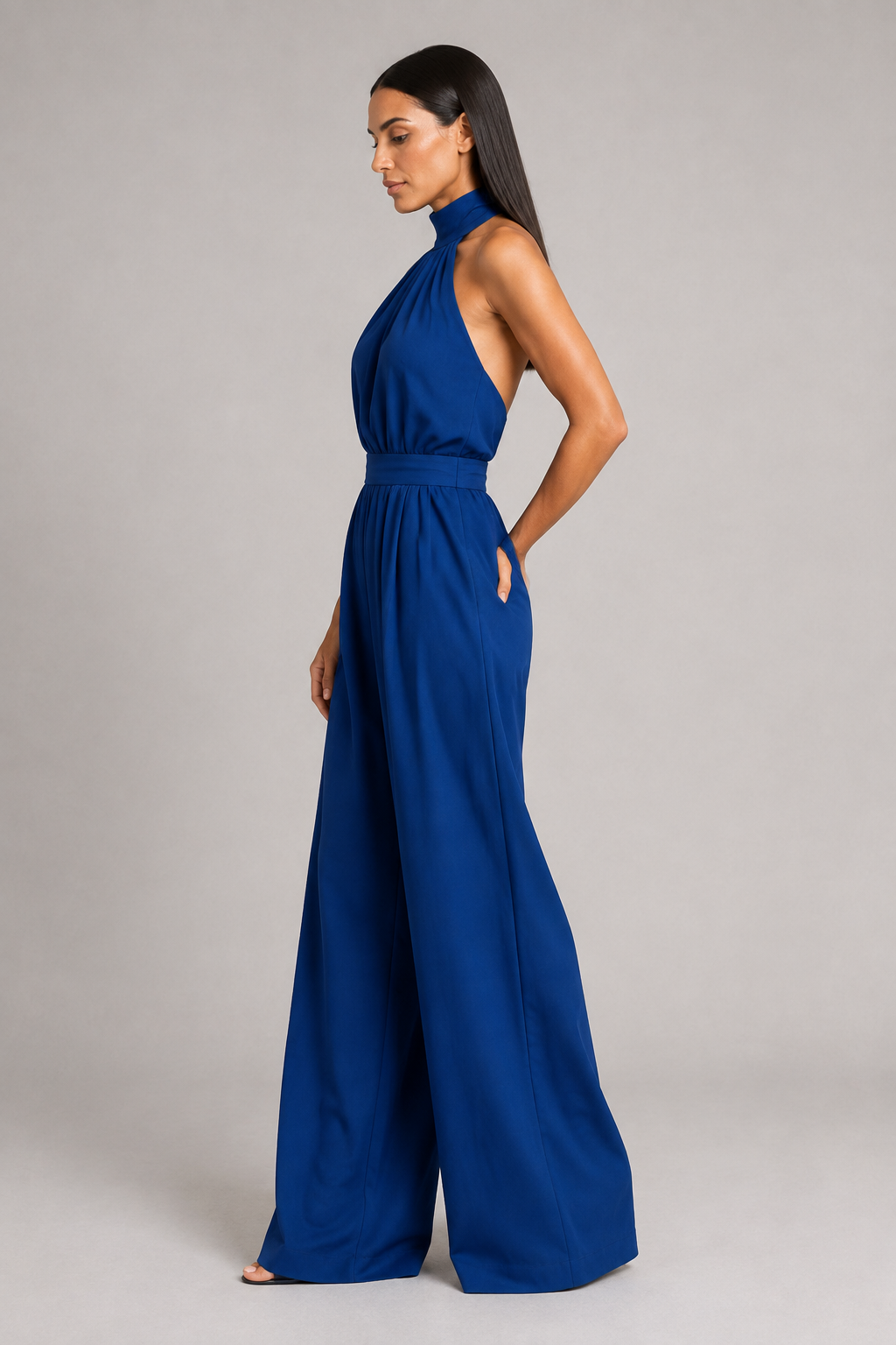 Dark Blue sleeveless halter-neck wide-leg jumpsuit, side view