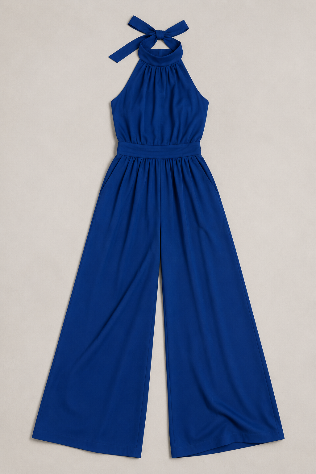 Dark Blue sleeveless halter-neck wide-leg jumpsuit, flat lay