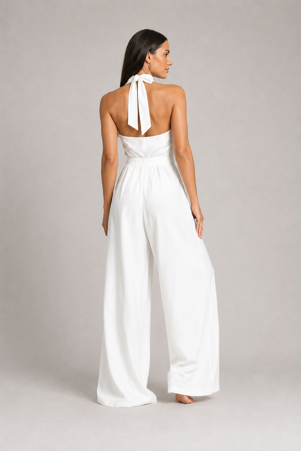 White sleeveless halter-neck wide-leg jumpsuit, back view