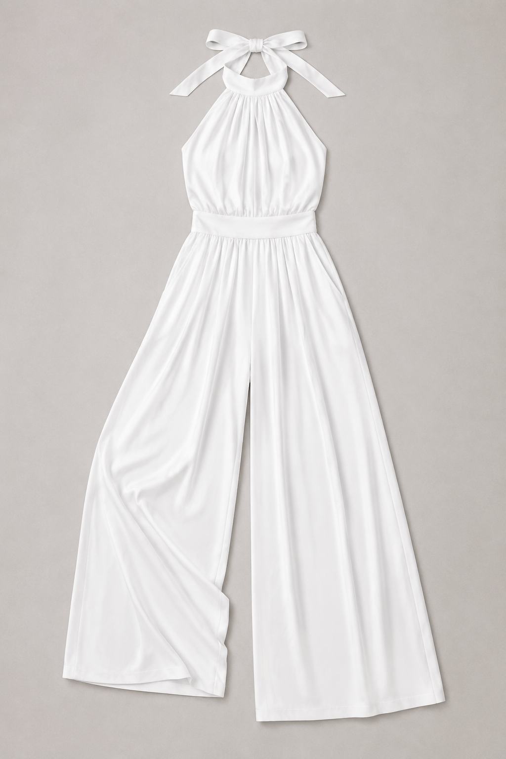 White sleeveless halter-neck wide-leg jumpsuit, flat lay