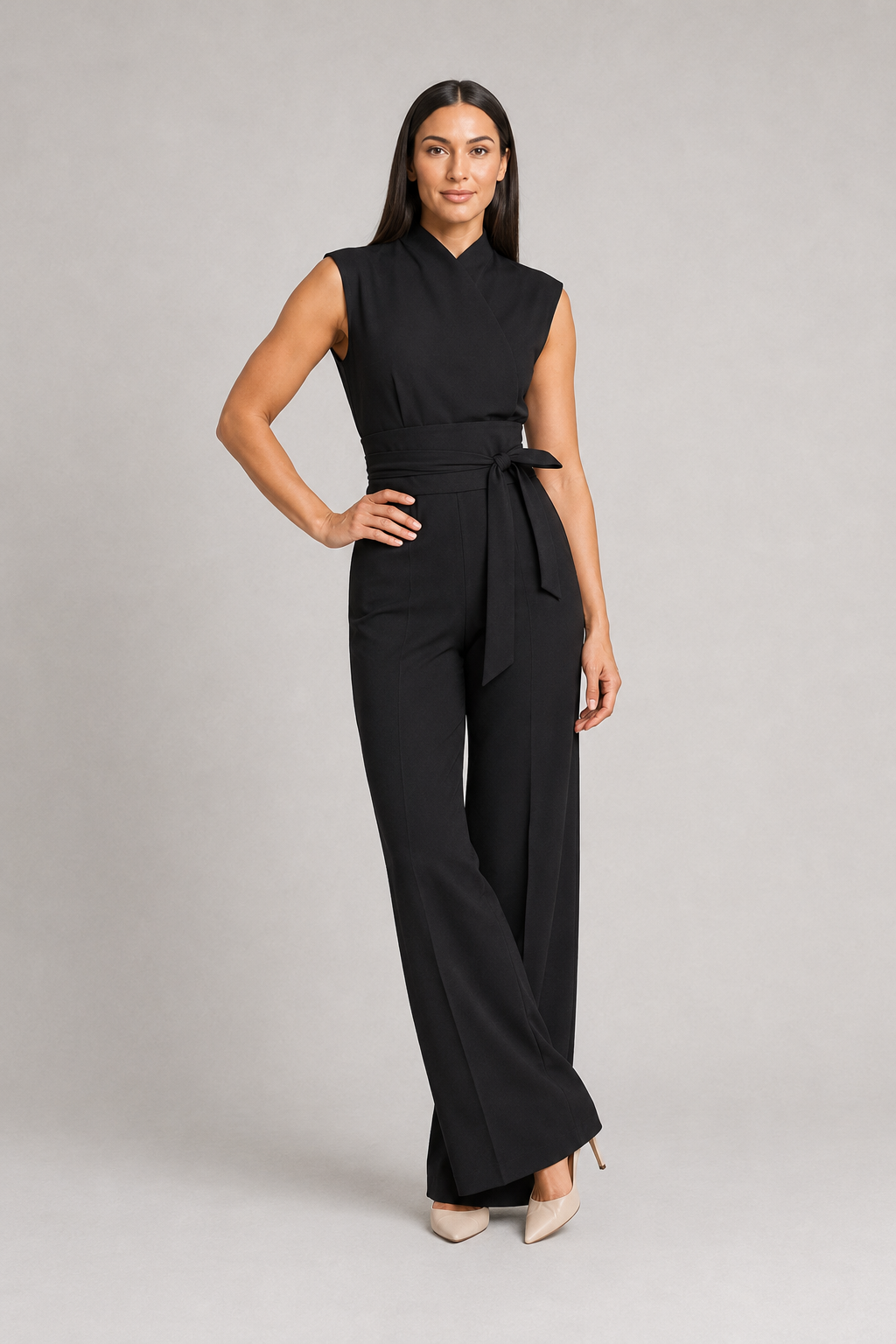 Sleeveless High-Collar Belted Jumpsuit in Black, front three-quarter view