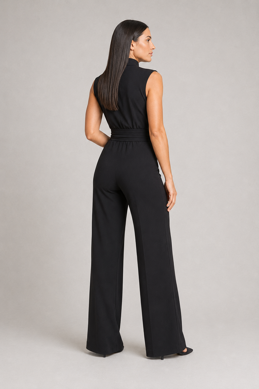Sleeveless High-Collar Belted Jumpsuit in Black, back view