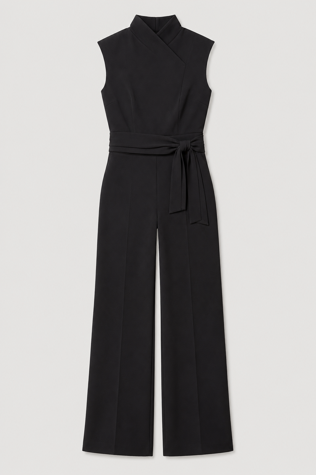 Sleeveless High-Collar Belted Jumpsuit in Black, flat lay