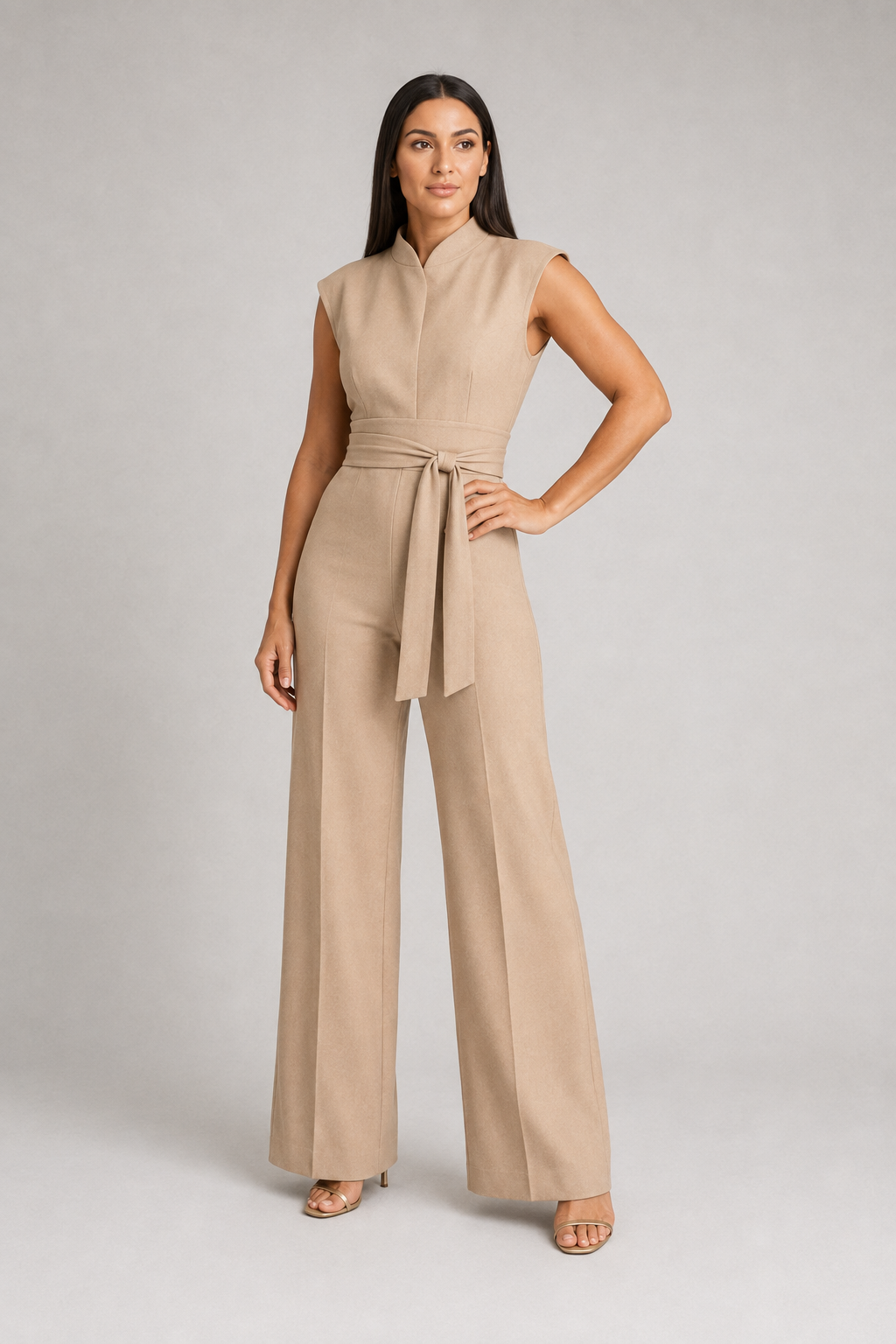 Sleeveless High-Collar Belted Jumpsuit in Khaki, front three-quarter view