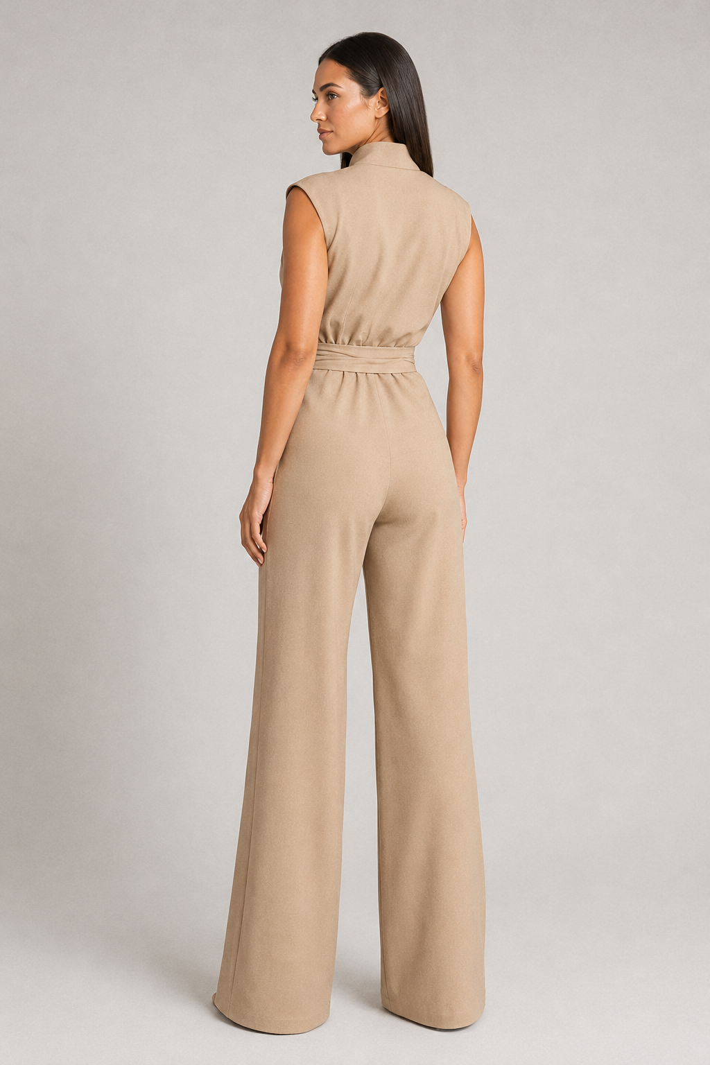 Sleeveless High-Collar Belted Jumpsuit in Khaki, back view
