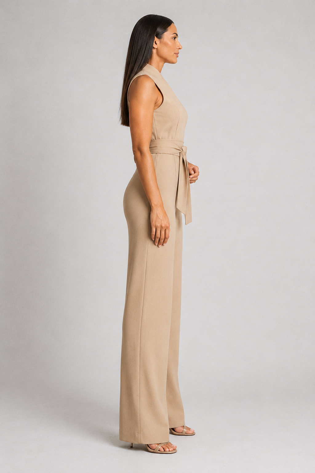Sleeveless High-Collar Belted Jumpsuit in Khaki, side view