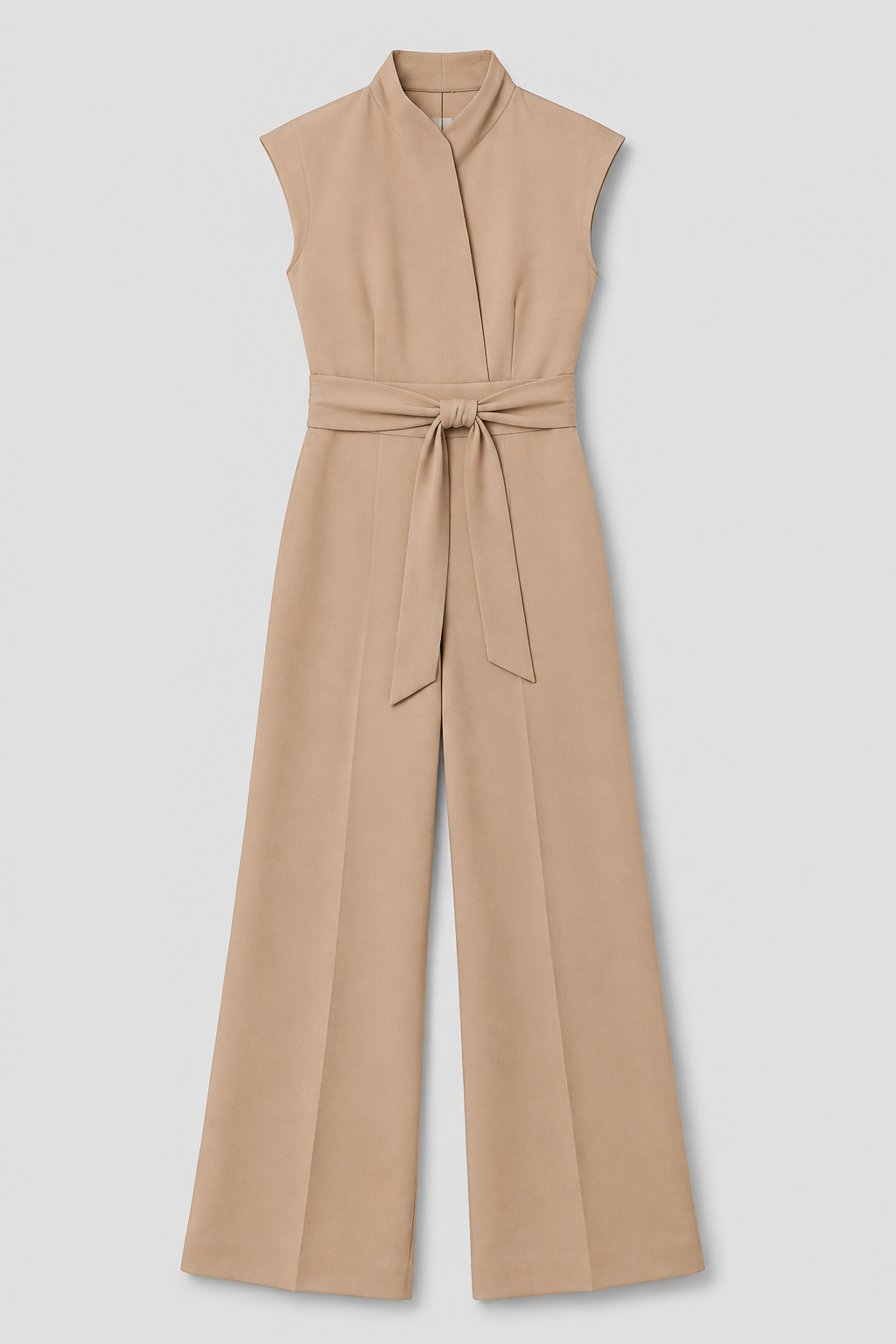 Sleeveless High-Collar Belted Jumpsuit in Khaki, flat lay