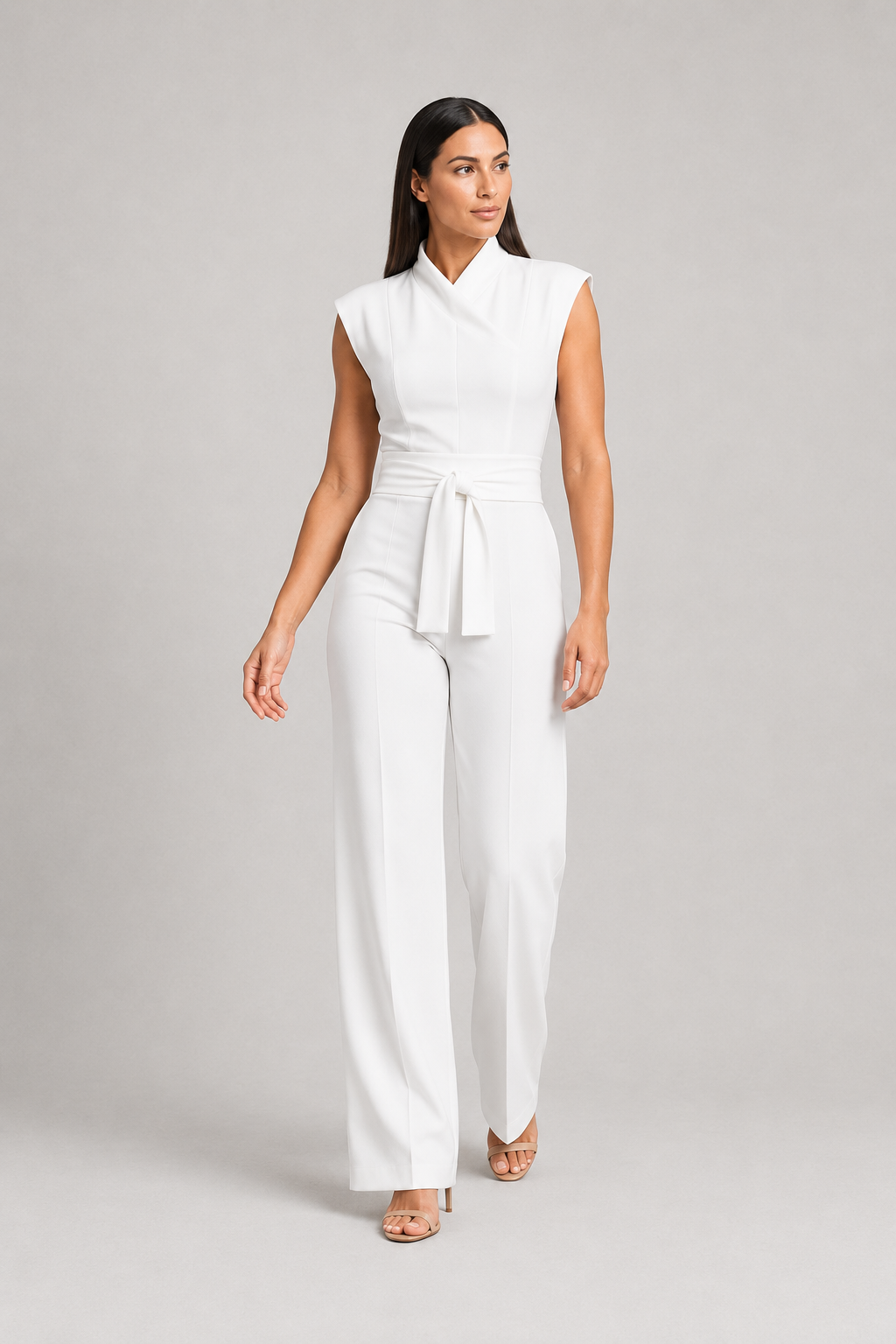 Sleeveless High-Collar Belted Jumpsuit in White, front three-quarter view