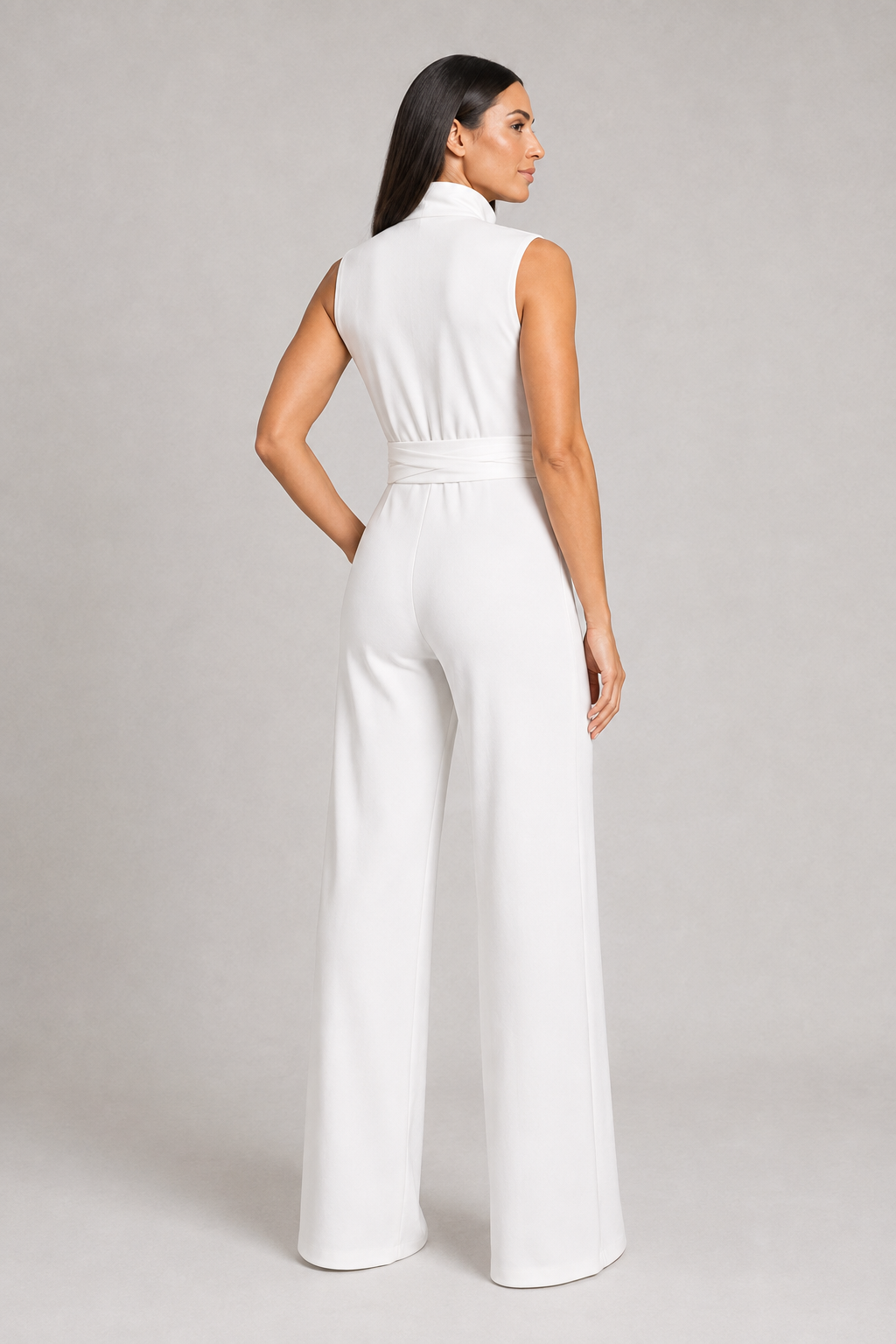 Sleeveless High-Collar Belted Jumpsuit in White, back view