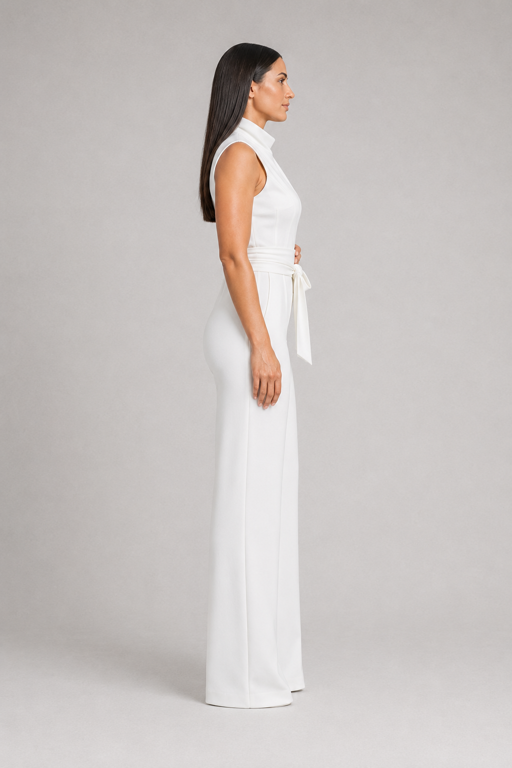 Sleeveless High-Collar Belted Jumpsuit in White, side view